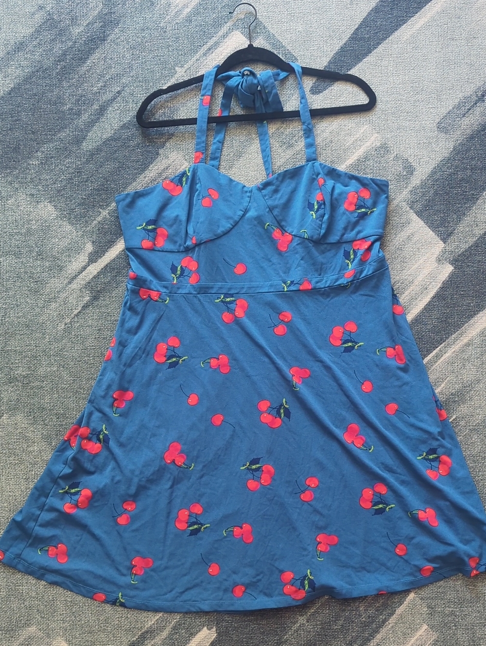 Modcloth Blue Cherry Print Halter Dress